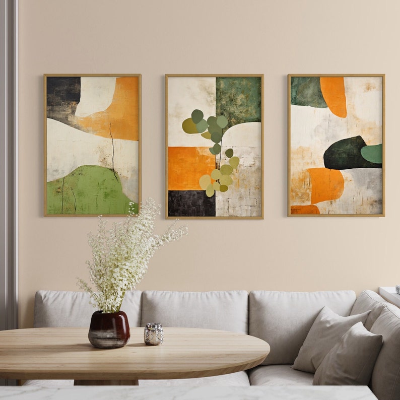 Abstract art in burnt orange, sage green, and beige. Japandi wall decor with wabi sabi touch, great for bedrooms or offices. Trendy design merging Japanese elegance with Scandinavian minimalism, a perfect blend for any modern for a grounded aesthetic