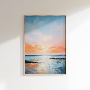 Abstract Coastal Landscape, Seaside Sunrise Oil Painting, Printable Wall Art, Beach Art Print, Ocean Scenery Home Decor, Digital download