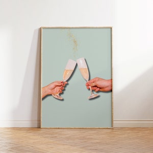 à la main champagne | Art girly | Art mural bar | Créations de cocktails | Impression de boissons | Art mural imprimable à votre santé | Décoration de chariot de bar | Art tendance