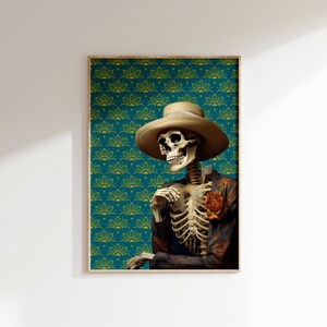 Retro Skeleton Art Print, Floral Halloween Printable, Skeleton Halloween Wall Art, Dark Academia Poster, Gothic Painting, Spooky Home Deco