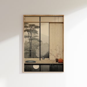 Arte mural escandinavo neutro de Japandi, impresión de arte Wabi Sabi Spa, cartel de arte digital japonés moderno minimalista, estética terrosa de moda