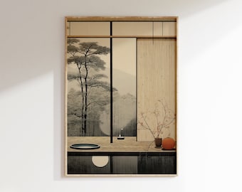 Japandi Neutral Scandinavian Wall Art, Wabi Sabi Spa Art Print, Minimalist Modern Japanese Digital Art Poster, Trendy Earthy Aesthetic