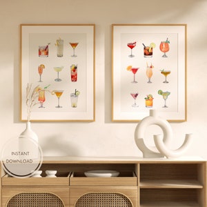 Impresiones de cócteles, conjunto de 2, carteles de carritos de bar, póster retro de alcohol, arte de pared de mixología, decoración de pared preppy de hora feliz, bebidas, aplausos, arte vintage
