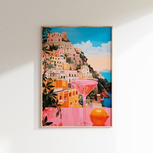 Plakat do wydrukowania z wybrzeżem Amalfi, kolorowy wydruk artystyczny z koktajlem plażowym, wydruk z podróży po Włoszech, wystrój nadmorski, sztuka wózka barowego, natychmiastowe pobieranie cyfrowe
