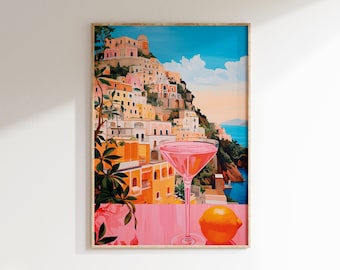 Amalfi Küste druckbare Poster, bunter Strand Cocktail Kunstdruck, Italien Reise Druck, Küsten Dekor, Barwagen Kunst, sofortiger digitaler Download
