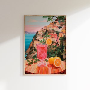 アマルフィ海岸の印刷可能なポスター、カラフルなビーチカクテルアートプリント、イタリア旅行プリント、海岸の装飾、バーカートアート、インスタントデジタルダウンロード