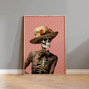 Pink Skeleton Halloween Poster, Dark Academia Print, Human Skeleton Art, Halloween Printable, Moody Floral Skull Decor, Digital Download