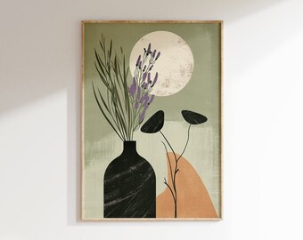 Japandi Neutral Floral Scandinavian Wall Art, Wabi Sabi Art Print, Minimalist Modern Japanese Digital Art Poster, Trendy Earthy Aesthetic