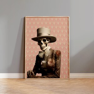 Retro Skeleton Art Print, Floral Halloween Printable, Skeleton Halloween Wall Art, Dark Academia Poster, Gothic Painting, Spooky Home Deco
