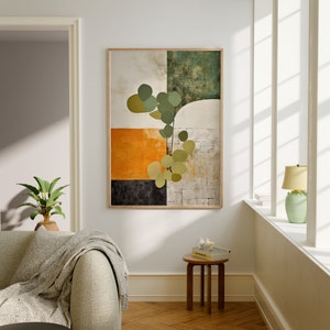 Abstract art in burnt orange, sage green, and beige. Japandi wall decor with wabi sabi touch, great for bedrooms or offices. Trendy design merging Japanese elegance with Scandinavian minimalism, a perfect blend for any modern for a grounded aesthetic
