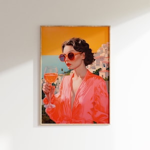 Plakat do wydrukowania z wybrzeżem Amalfi, wydruk artystyczny z kobietą w stylu retro, wydruk z podróżą po Włoszech, wystrój nadmorski, sztuka wózka barowego, natychmiastowe pobieranie cyfrowe