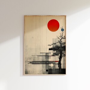 Botanical japandi wall art, Japan gallery art, bonsai tree, minimalism aesthetics, abstract woodblock print, printable art, digital download
