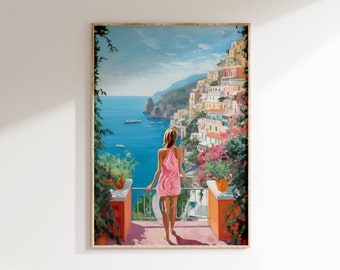 Amalfi coast girl in pink printable wall art, colourful vintage poster, Italy wall decor, instant download