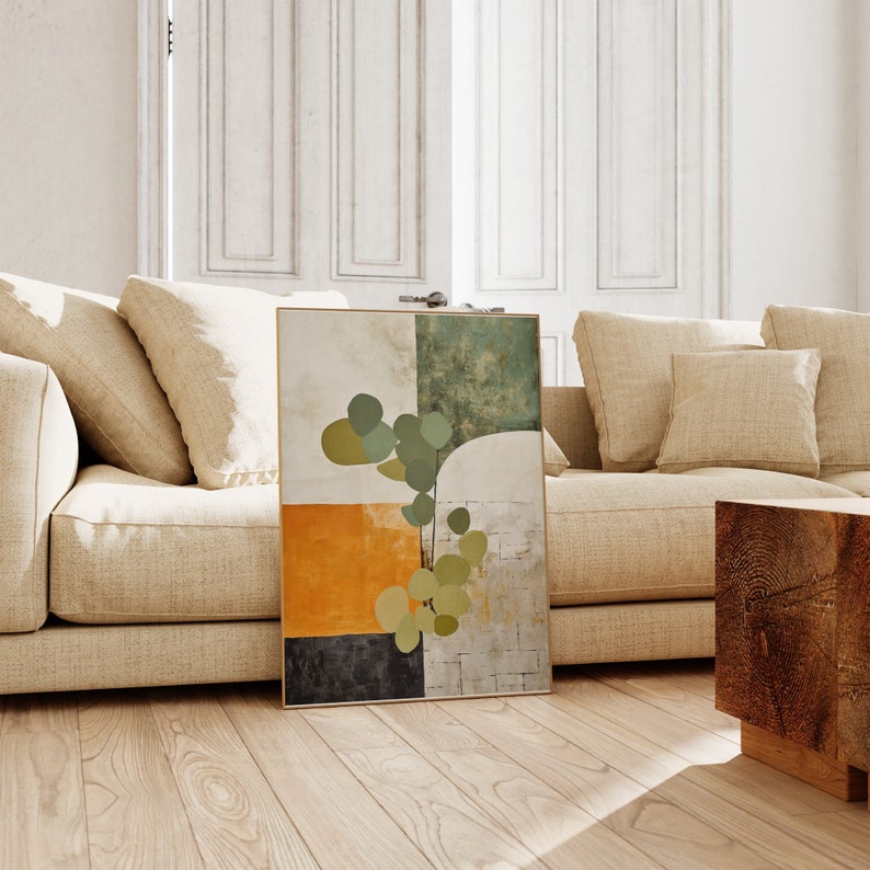 Abstract art in burnt orange, sage green, and beige. Japandi wall decor with wabi sabi touch, great for bedrooms or offices. Trendy design merging Japanese elegance with Scandinavian minimalism, a perfect blend for any modern for a grounded aesthetic