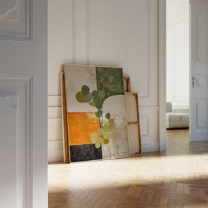 Abstract art in burnt orange, sage green, and beige. Japandi wall decor with wabi sabi touch, great for bedrooms or offices. Trendy design merging Japanese elegance with Scandinavian minimalism, a perfect blend for any modern for a grounded aesthetic