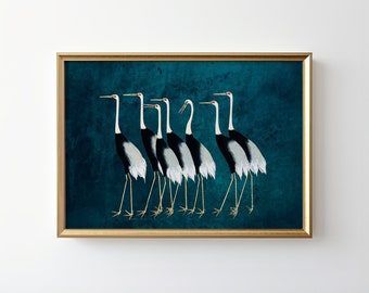 Smaragdgrüner Kranich Druck, maximalistische Wandkunst, Vintage Kranich Kunst Poster, vielseitiges Wohndekor, Vogelherde, trendige Wandkunst, digitaler Download