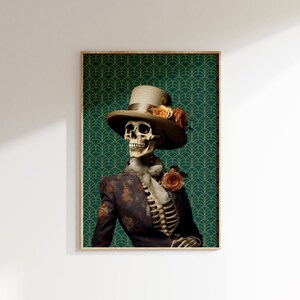 Retro Skeleton Art Print, Floral Halloween Printable, Skeleton Halloween Wall Art, Dark Academia Poster, Gothic Painting, Spooky Home Deco