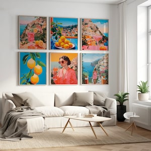 Zestaw 6 wydruków ściennych Amalfi, plakatów z podróży w stylu vintage, wydruków retro z Włoch, dekoracji nadmorskich, sztuki z wózków barowych, sztuki ściennej z Włoch, dekoracji dla dziewczynek w stylu preppy