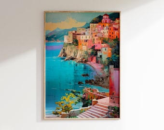 Amalfi coast printable wall art, colourful vintage poster, Italy wall decor, instant download