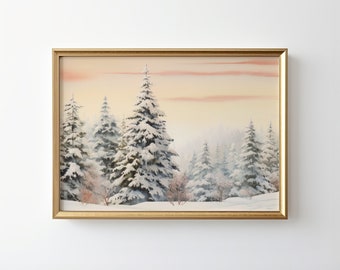 Winter Landscape Print, Winter Wonderland Painting, Snowy Winter Pine Trees Printable Wall Art, Scandinavian Christmas Vintage Style Artwork