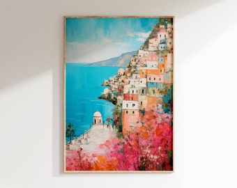 Amalfi coast printable wall art, colourful vintage poster, Italy wall decor, instant download