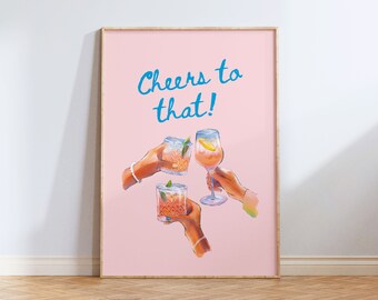 Pink Cheers Print | Bar Cart Art | Bar Cart Decor | Retro Wall Art | Cheers Sign | Preppy Wall Art | Large Printable Art | Cocktail Wall Art