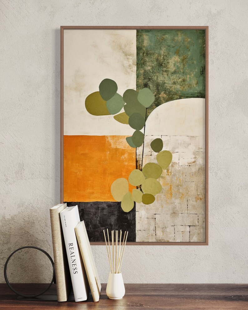Abstract art in burnt orange, sage green, and beige. Japandi wall decor with wabi sabi touch, great for bedrooms or offices. Trendy design merging Japanese elegance with Scandinavian minimalism, a perfect blend for any modern for a grounded aesthetic