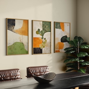 Abstract art in burnt orange, sage green, and beige. Japandi wall decor with wabi sabi touch, great for bedrooms or offices. Trendy design merging Japanese elegance with Scandinavian minimalism, a perfect blend for any modern for a grounded aesthetic