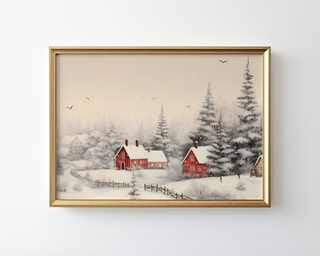Winter Farmhouse Painting Digital PRINTABLE Wall Art Snowy Holiday ...
