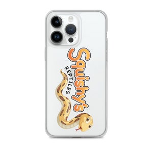 Pode incluir: Capa de telefone transparente com um desenho de cobra de desenho animado em amarelo e castanho. A capa exibe o texto "Squishy Reptiles" em laranja e amarelo. A capa é projetada para um smartphone.