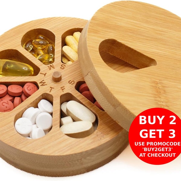 Pill organaizer 7 Day / Wooden pill box / Round small mini pill box / Natural wood portable purse pill box