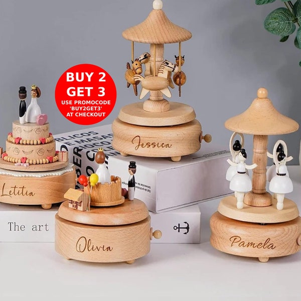 Personalized Custom Wooden Handmade Music Box,Musical Carousel,Musical Wooden Ballerina Carousel Keepsake,Gift For Kids