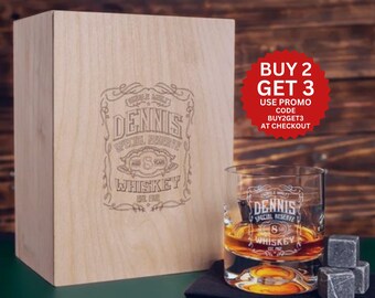 Boîte à whisky en bois signature personnalisée, cadeau de Saint-Valentin, ensemble de verres à whisky, ensemble cadeau d'articles de bar personnalisés, ensemble cadeau pour amateurs de whisky. Cadeau pour lui