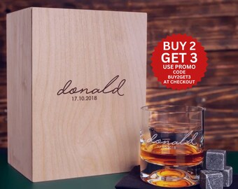 Custom Signature Wood Whisky Box, Valentines Day Gift, Whiskey Glass Set, Custom Barware Gift Set, Gift Set for Whiskey Lovers. Gift for Him