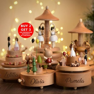 Personalisierte handgefertigte Spieluhr aus Holz, Musikkarussell, Ballerina-Karussell aus Holz, Andenken, Geschenk für Kinder Bild 2