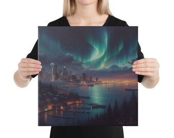 Northern Lights over Seattle (2023) | Aurora Art Canvas by Space Weather Watch, Seattle Washington Gift