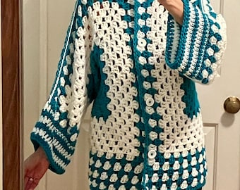 Crochet Hexagon Cardigan Sweater with Buttons, Teal & White, Medium