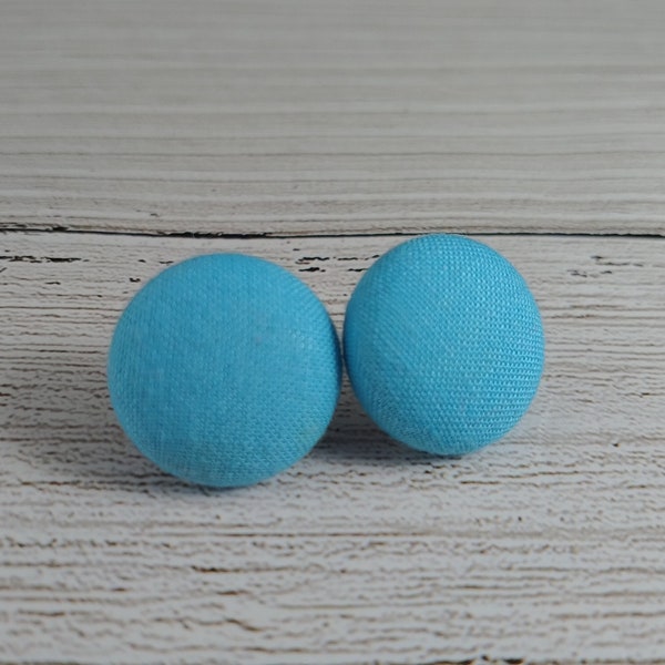 Sky Blue fabric button earrings,  19mm (3/4in), 100% cotton, stainless steel hypoallergenic earring posts