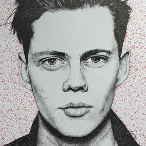 May include: A black and white stipple portrait of a person with short, dark hair and a serious expression. The artwork is detailed, with a red dotted background. The person is wearing a dark jacket.