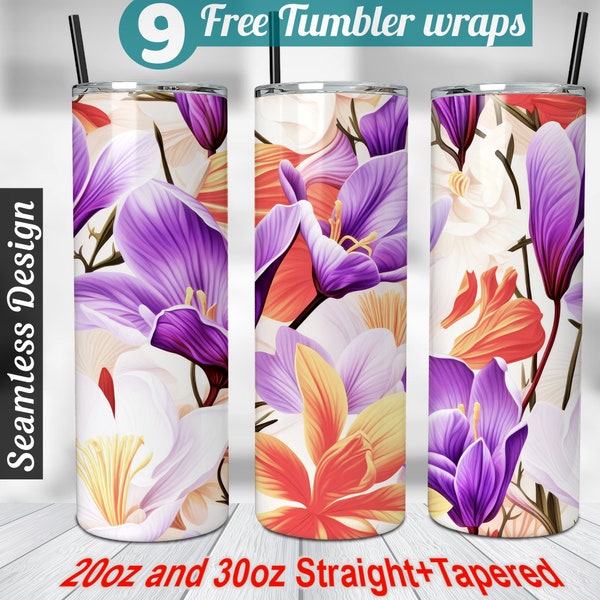 Saffron Floral Tumbler Wrap 30 oz 20oz Sublimation Tumbler Designs Autumn pink violet flowers Skinny Tumbler Wrap PNG Designs Downloads