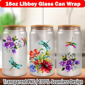 Libbey glass wrap Flower Dragonfly 16oz sublimation wrap 16oz wrap birthday gifts 16 oz glass can wrap png 16oz glass tumbler wrap