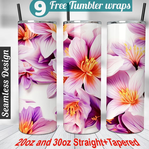 Saffron Floral Tumbler Wrap 30 oz and 20oz Sublimation Tumbler Designs Autumn pink violet flowers Straight Skinny Tumbler Wrap PNG