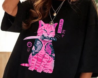 Japanese Cat T-shirt - Samurai Cat Shirt,Pink Cat Shirt,Cat Shirt,Cat Lover Gift,Anime Shirt,Graphic Shirt,Birthday Gift,Unisex