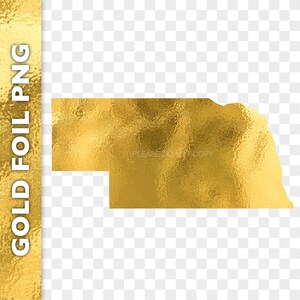 May include: A gold foil outline of the state of Nebraska. The foil has a textured, metallic look.