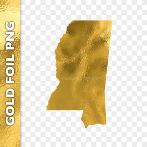 Può includere: Contorno dello stato del Mississippi in foglia d'oro. La foglia ha un aspetto testurizzato e stropicciato.