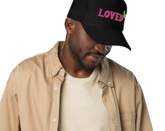 Chapéu preto, boné de espuma Trucker 'Loved', boné com mensagem positiva