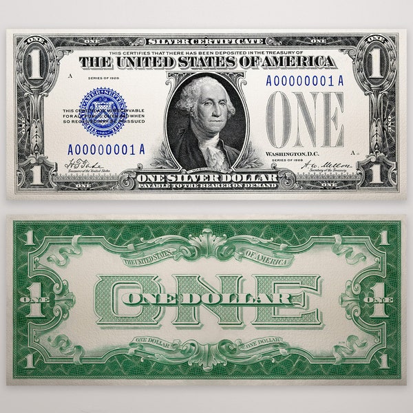 1928 1 Dollar Bill Front Back, Digital Printable, Well Circulated Large Blue Seal, almost 100 Years Old