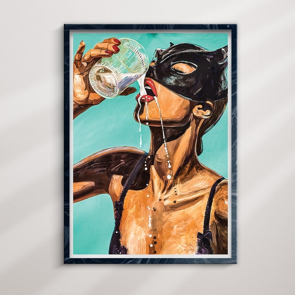 Catwomen, Katze, Catwomen Wandkunst, Catwomen Leinwand, Empowered Woman, Girl Power Art, Malerei, Trinkmilch