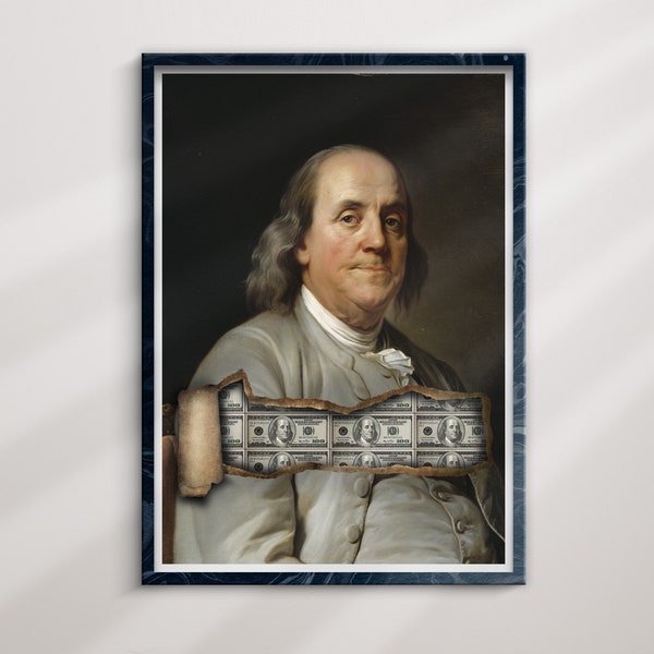 Benjamin Franklin Money Art - Digital Painting, Wall Decor for Home Office, Unique Finance Enthusiast Gift, 100 Dollar Bill Design