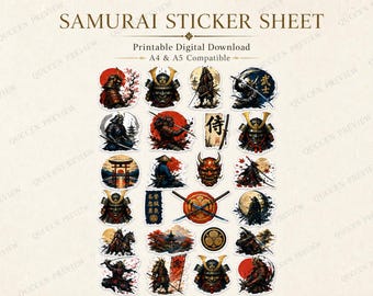 Printbaar stickervel met samurai-thema, 24 gekleurde Japanse stickers, A4/A5 formaat, digitale download.
